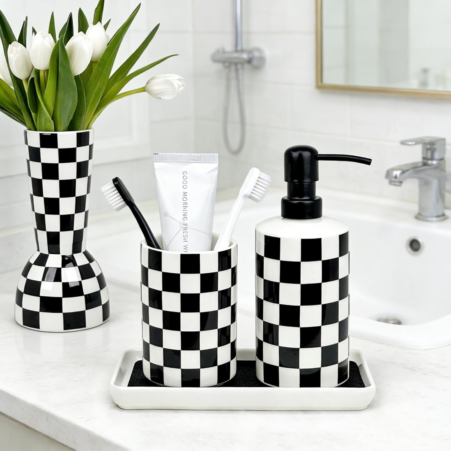 Black and White Checkered Vase, Aesthetic Modern Ins Cool Flower Vases for Home Decor, Entryway Table, Centerpieces Decoration, Kitchen, Living/Dining Room, Bedroom, Bathroom, Coffee Tables (Ceramic)