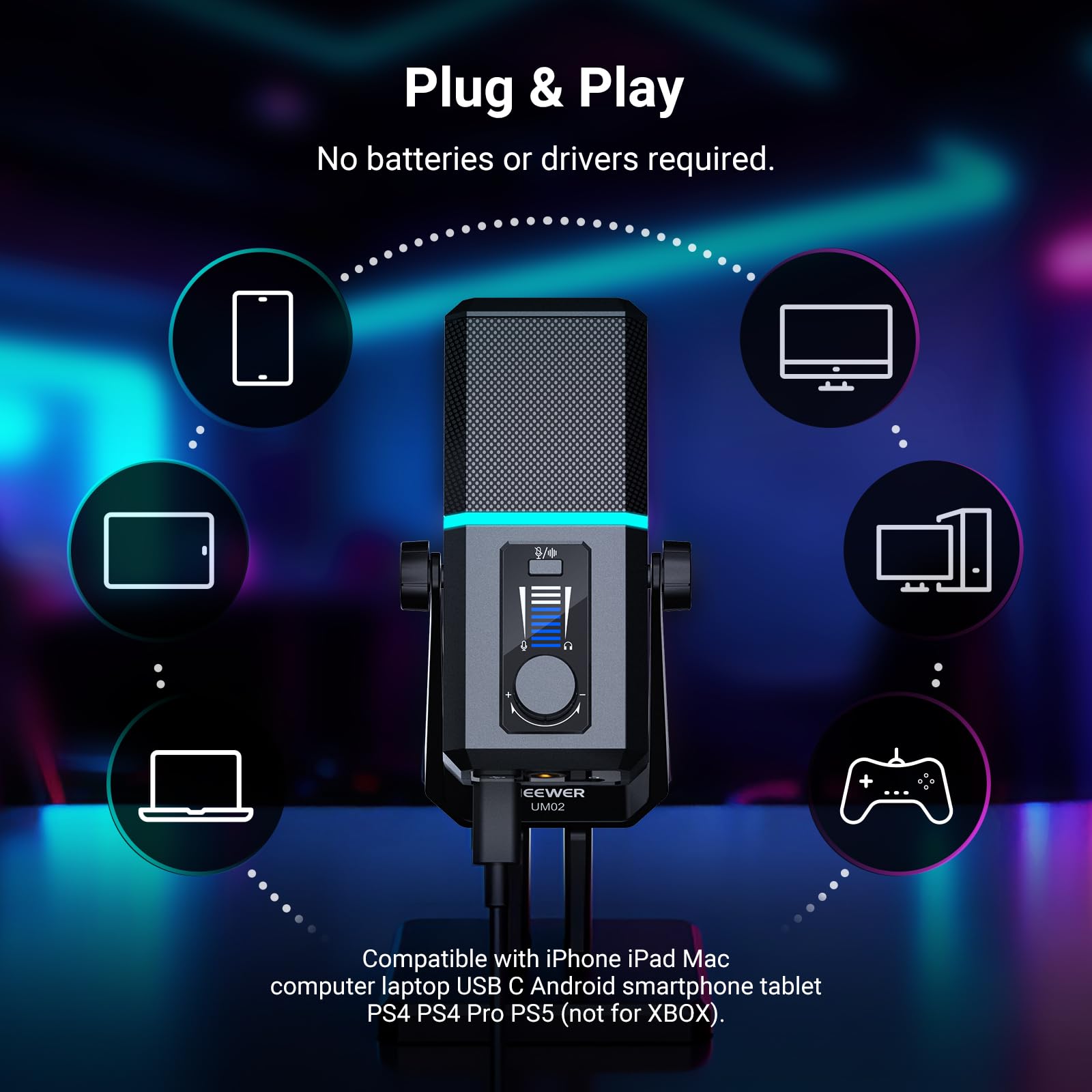 NEEWER UM02 Mikrofon RGB USB do strumieniowego przesyłania podcastów, kardioidalny pojemnościowy mikrofon biurkowy z redukcją szumów do monitorowania słuchawek, kompatybilny z iPhone iPad Mac PC