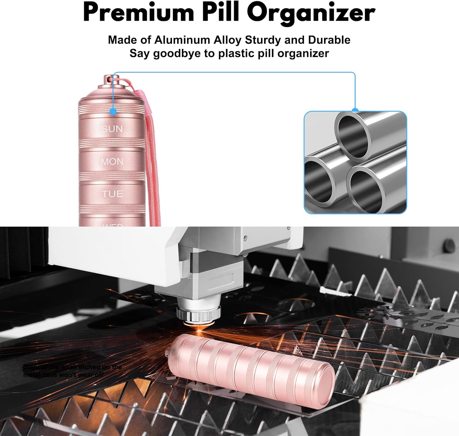 7 Day Travel Pill Organizer - Metal Waterproof Vitamin Case Pill Box, Daily Pill Container 7 Compartments, Weekly Pill Containers for Medicine Supplements Fish Oil