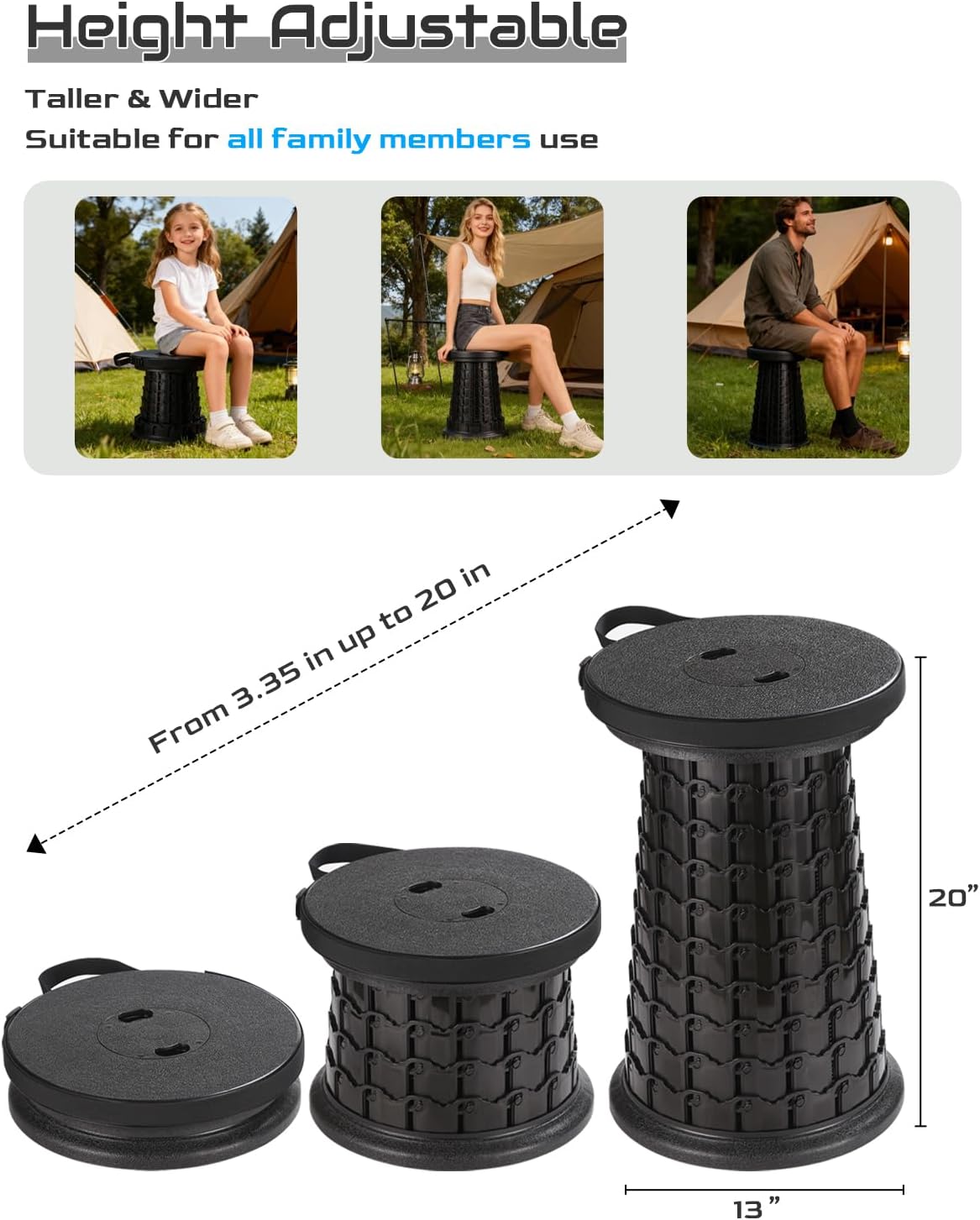 2025 Heavy Duty XXL Collapsible Stool | 1000lbs Capacity, 20-in Taller & 13-in Wider Foldable Retractable Telescoping Stool for Adults, Oversized Camping, Fishing, Concert, Event, Stadium