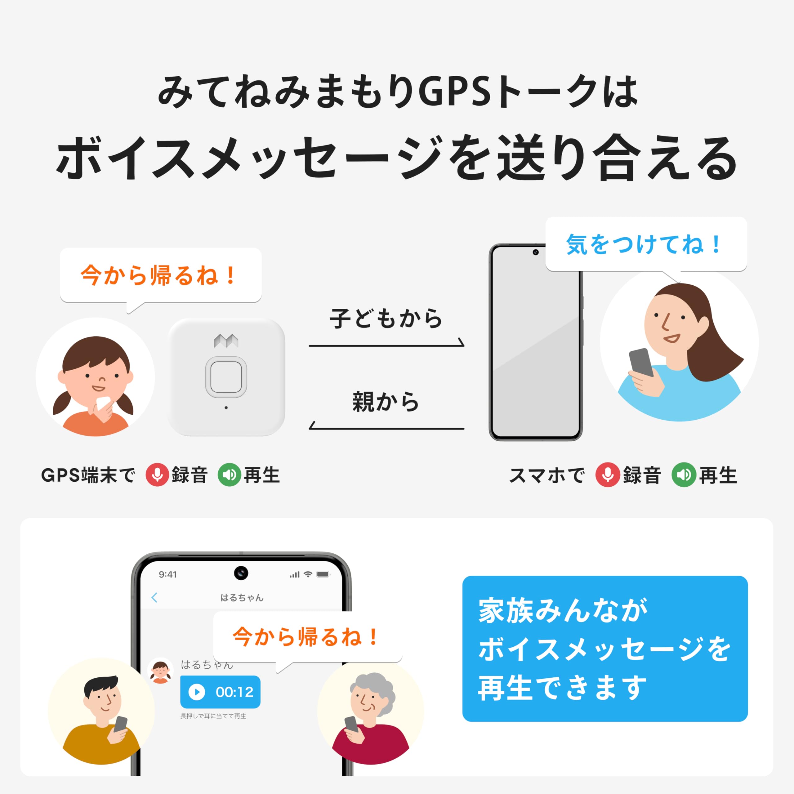 mixiのストアを表示 【公式】ボイスメッセージ機能付き！MIXI「みてねみまもりGPSトーク」安心の業界最大級バッテリー2000ｍAh 防塵 防水 子供向けGPS 日本PTA推薦商品 迷子防止の小型GPS ストラップ・充電ケーブル付き （ブルー） in use