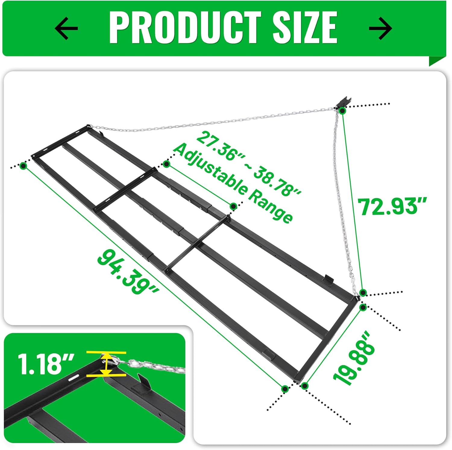 8 FT Drag Harrow Driveway Grader, for UTV, ATV, Tractor, Mower Heavy Duty Power Rake w/ 6 FT Chain, Tow Behind Yard Lawn Leveling Tool for Gravel, Sand, Soil, Hay