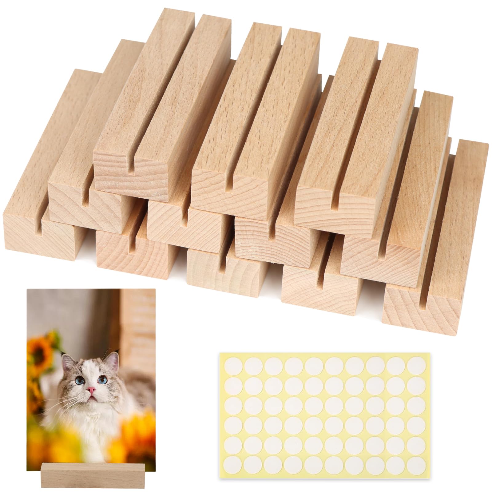 ROYUEXT 12 Pcs Place Card Holders Wooden Table Number Holders Blank Wood Menu Holders with Double-sided Adhesive, Photo Picture Greeting Card Number Display Stands for Wedding Party Photo Display