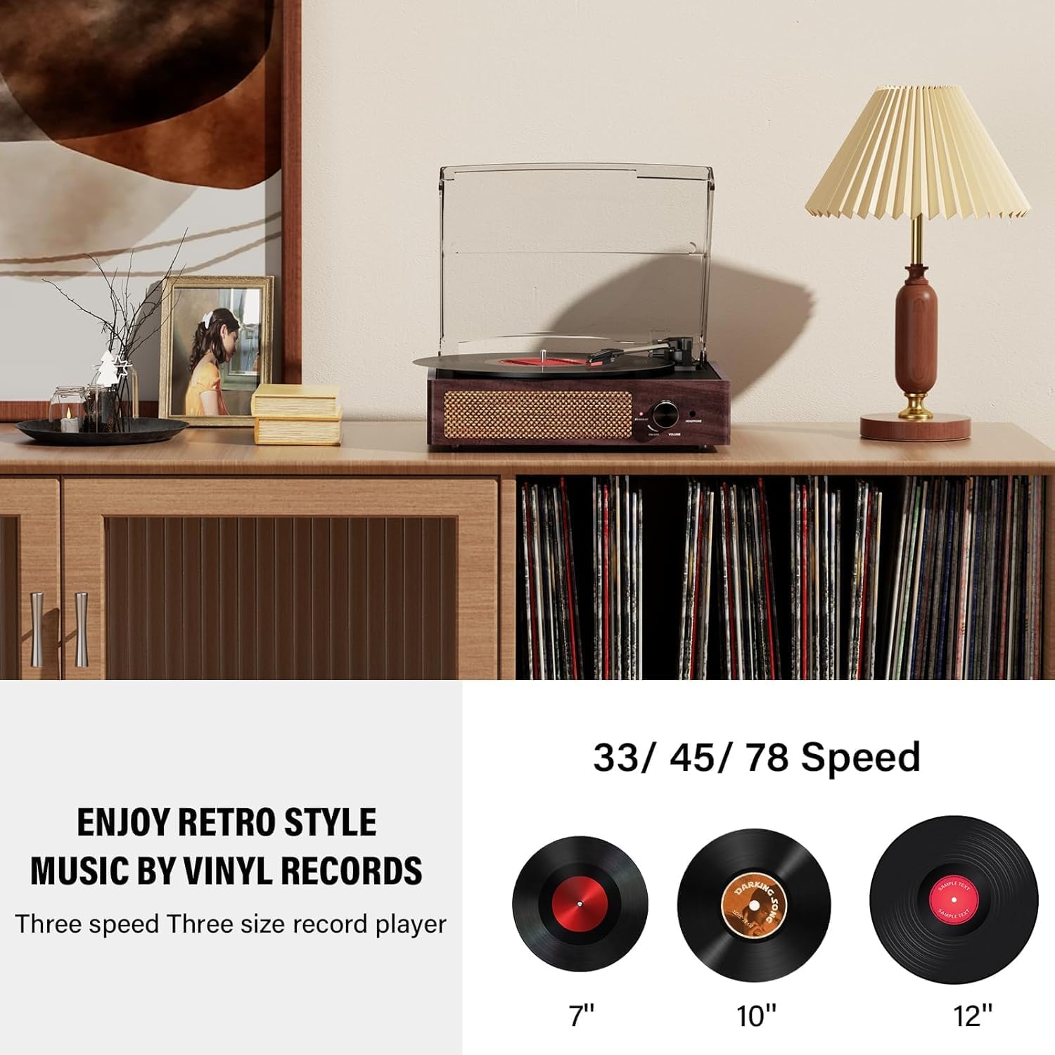 Vinyl Record Player Turntable with Built-in Bluetooth Receiver & 2 Stereo Speakers, 3 Speed 3 Size Portable Retro Record Player for Entertainment and Home Decoration image 4 of 7 B0FB984SZB