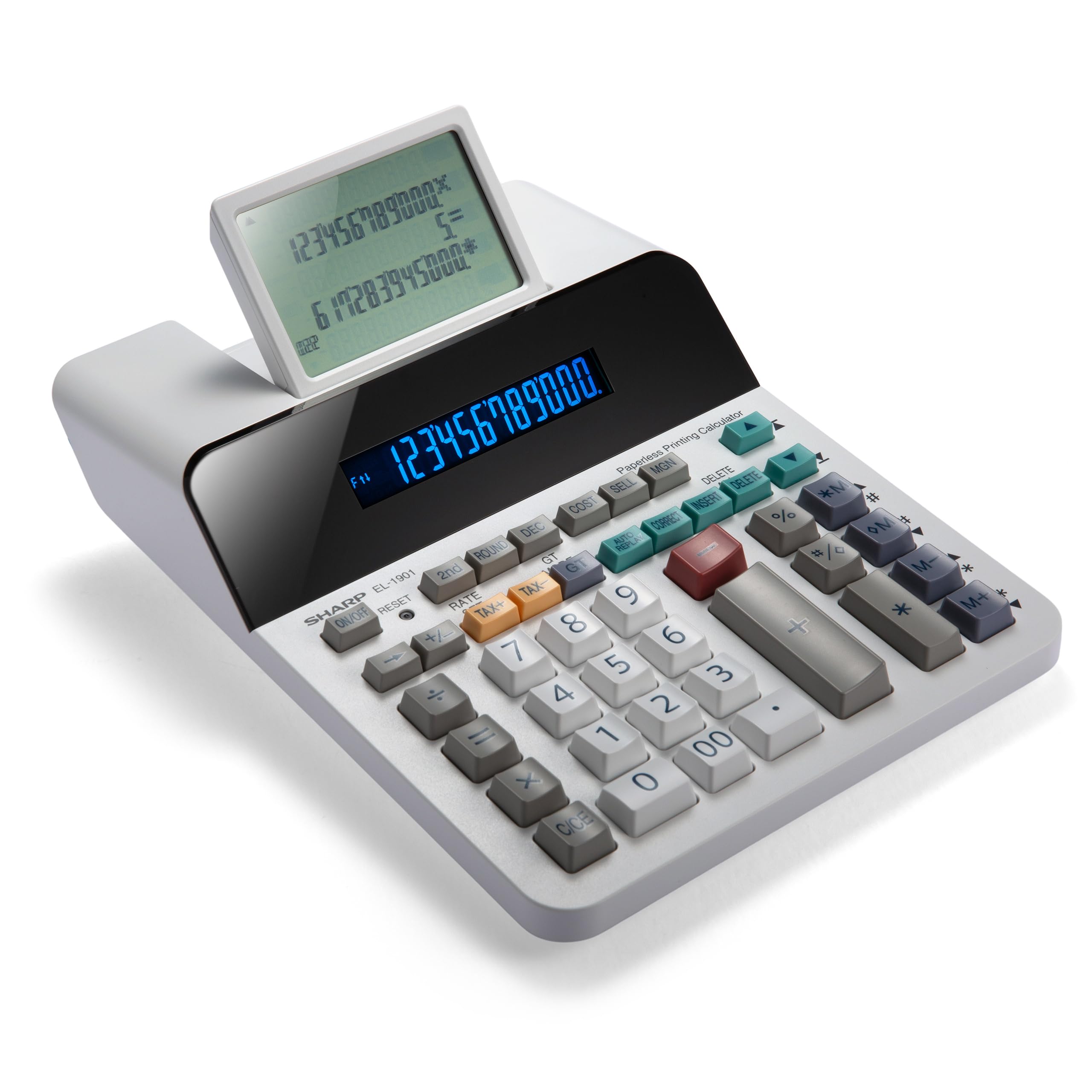 Sharp Paperless Printing Desk Calculator w/Check and Correct, Large 12-Digit LCD Primary Display, Printing Calculator/Adding Machine with Scrolling LCD Display Replacing Paper (EL-1901)