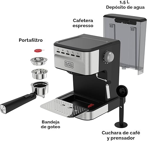 Miniatura 9 de Black+Decker Máquina semiautomática de café expreso y capuchino de 15 bares, máquina versátil con capacidad para usar molidos o cápsulas ESE para