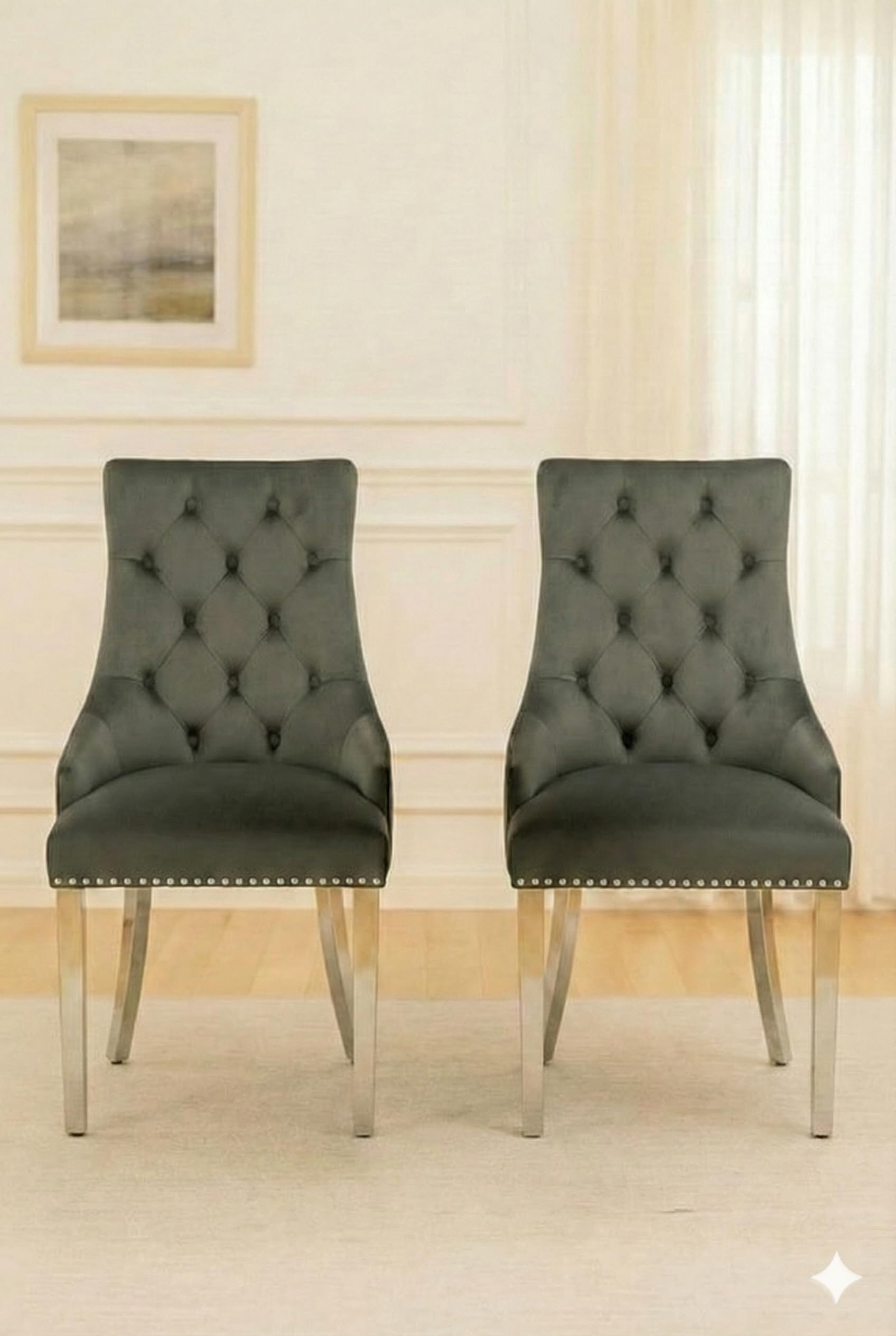 Majestic Velvet Dining Chairs Set of 2 | Luxury Plush Velvet Lion Head Knocker Leisure Chairs (Grey, 62d X 57w X 97h Cm)