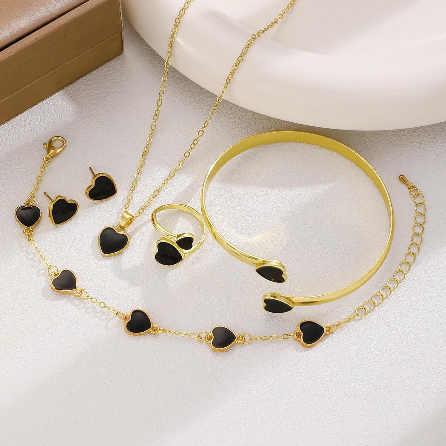 5 Pcs Heart Jewelry Set for Women Exquisite Heart Pendant Necklace Stud Earrings Adjustable Ring 14K Gold Enamel Love Bracelet Wedding Christmas Valentine's Day Jewelry Best Gifts - Image 5