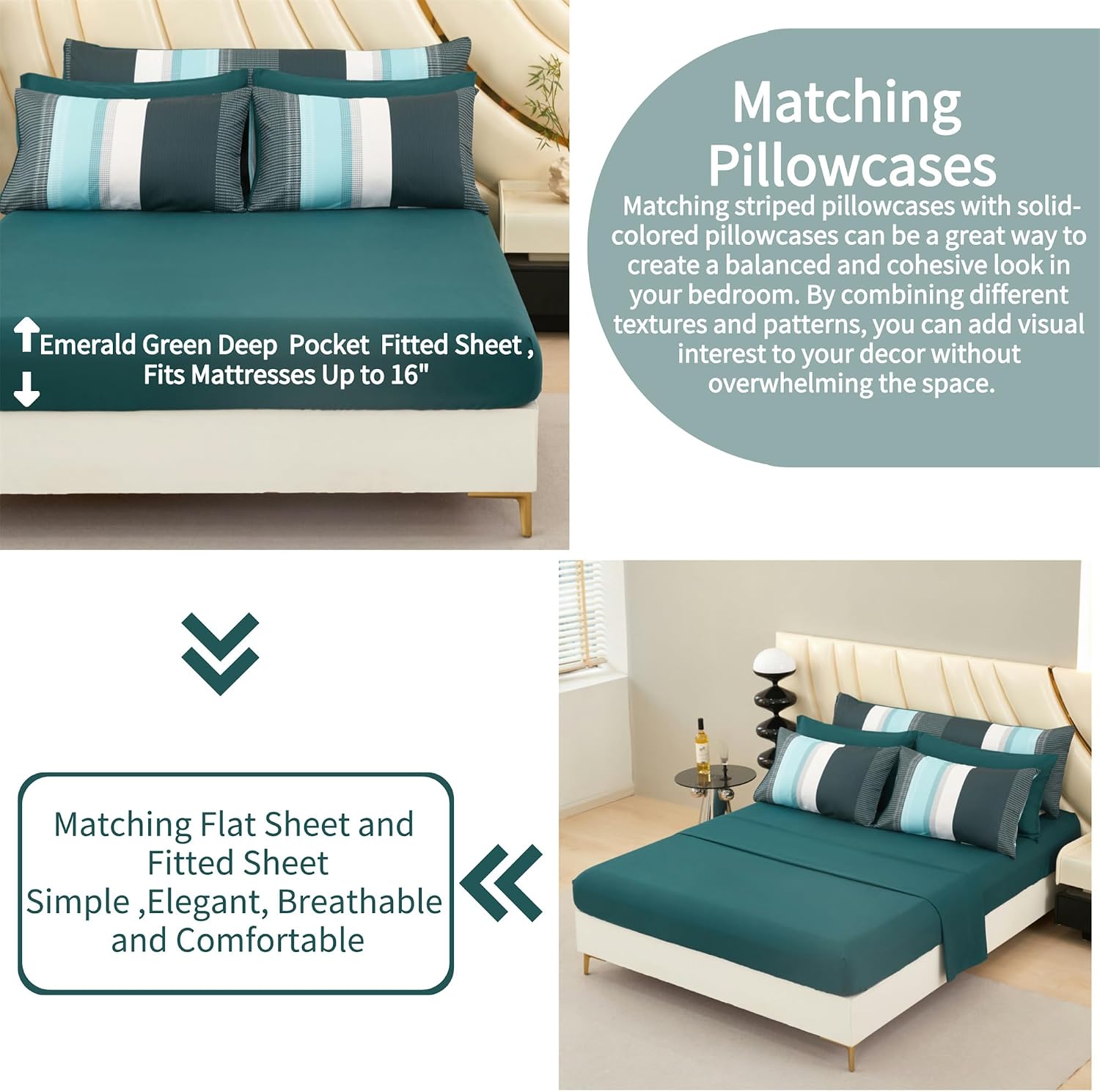 RYNGHIPY Emerald Green Colorblock Bedding Set: 8 Pieces Lightweight Fluffy Comforter Bedding Sets - Soft Microfiber Bed Set for All Seasons (Queen,Emerald Green) image 5