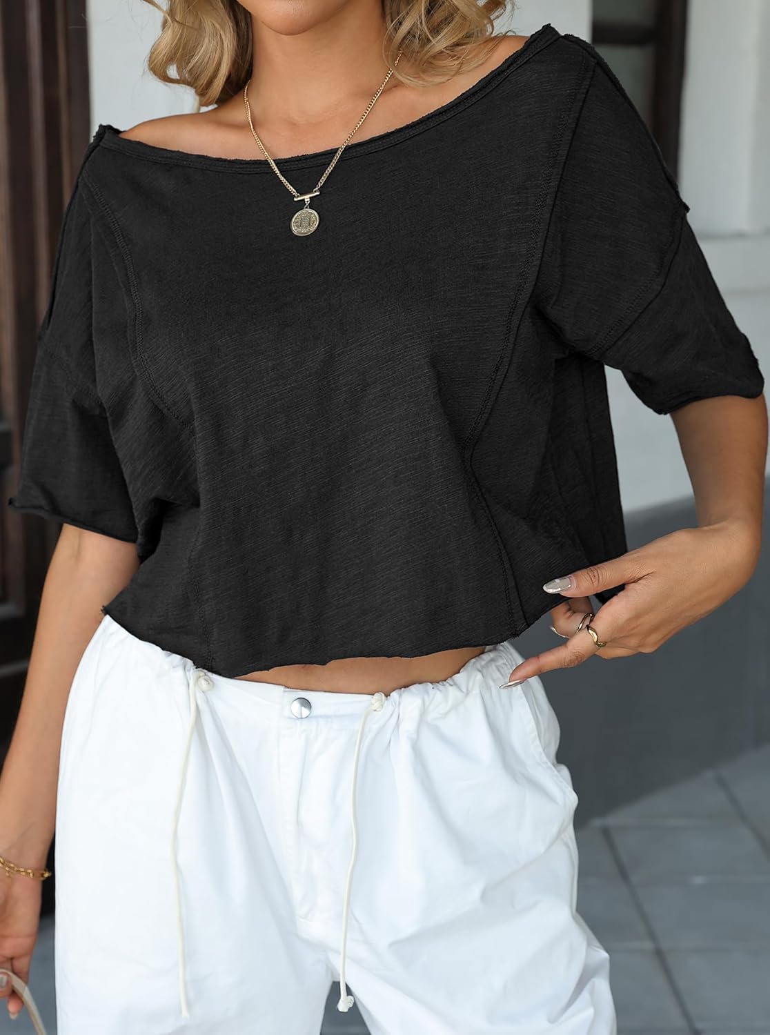 LilyCoco Womens Off The Shoulder Crop Top Cotton Asymmetrical Short Sleeve T Shirt - Image 3