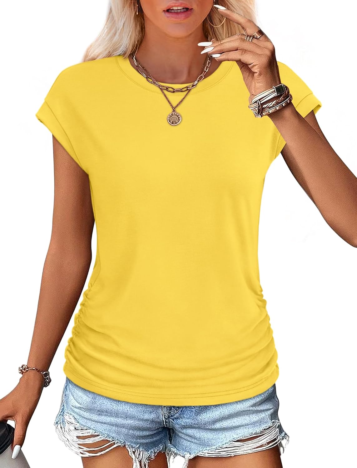 SAMPEEL Womens Summer Tops Trendy 2025 Ruched Cap Short Sleeve Tshirts Shirts Crew Neck T Shirts Fashion thumbnail