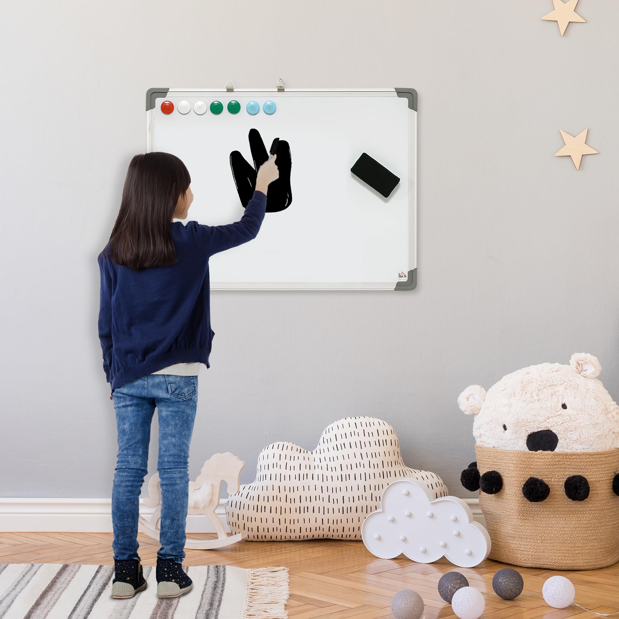 HOMCOM Pizarra Blanca Magnética con Bastidor de Aleación de Aluminio 60x45 cm Pizarra de Borrado en Seco con Borrador 4 Rotuladores y 10 Imanes para Oficina Hogar