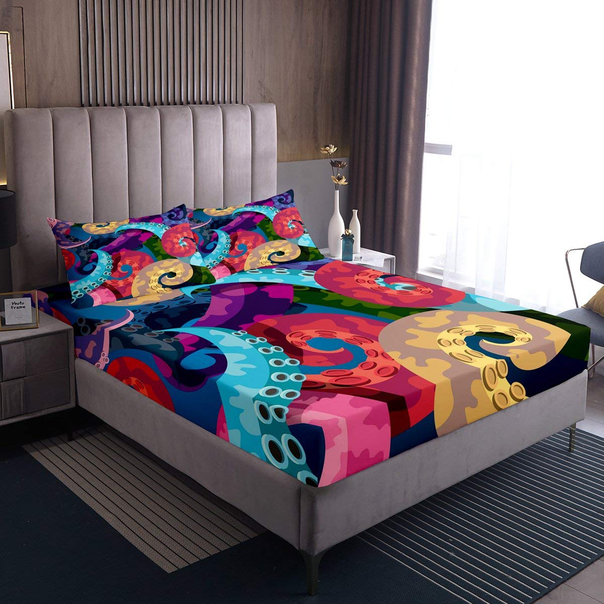 Cartoon Octopus Bed Sheet Set Chic Ocean Kraken Bed Sheets for Kids Boys Girls Watercolor Bedding Set Personalized Sea Marine Animal Decor Fitted Sheet With 2 Pillowcases 3Pcs Bedding King
