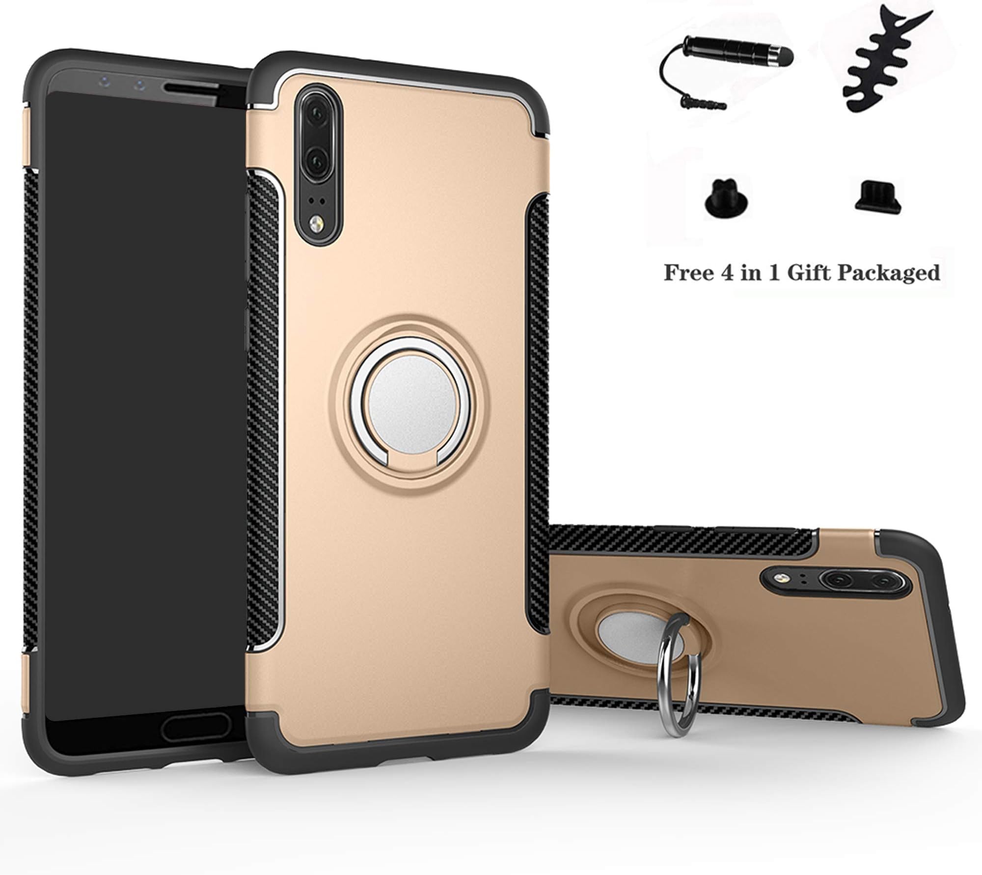Labanema Case for Huawei P20, Hybrid Dual Layer [Anti-Scratch] [Shock Absorption] 360°Rotation Ring Holder Kickstand Armor Slim Protective Cover Case for Huawei Huawei P20 Smartphone - Gold