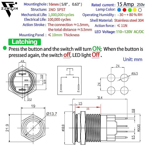 Miniatura 17 de Interruptor de botón ZJWZJH de 15 amperios con pestillo de 0.630 in, impermeable, IP67, 12 V, CC, 24 V, encendido y apagado, luz LED azul