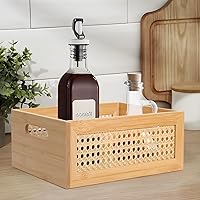 Vista 8 de Cesta de almacenamiento de ratán, paquete de 2 contenedores de almacenamiento hechos a mano de bambú natural con marco de madera y asas, caja
