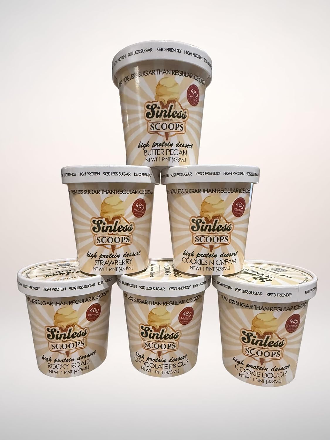 Sinless Scoops – Classic Variety Pack (6 Pints):Cookies N Cream, Butter Pecan, Cookie Dough, PB Cup, Strawberry, and Rocky Road
