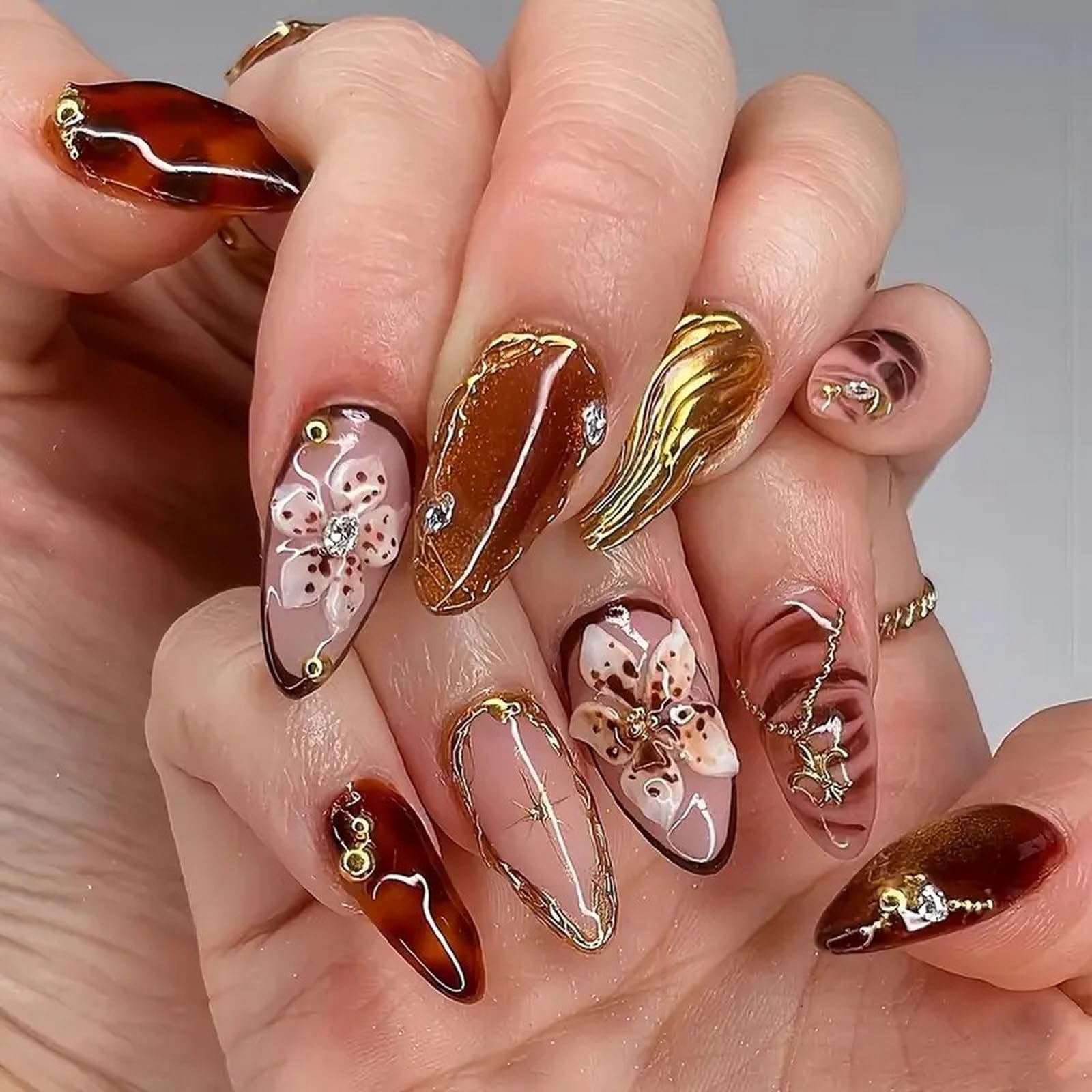 Almond Press on Nails Medium MABKJLF 3D Floral Fake Nails False Nails with Gold Curve Line Rhinestones Designs Amber Glossy Glue on Nail Autumn Fall
