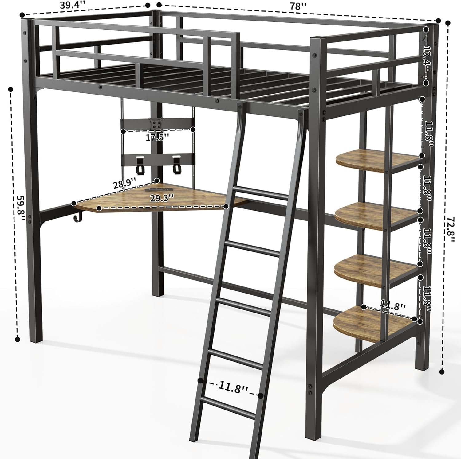 Detailed dimensions diagram of the SogesSleep Twin Loft Bed