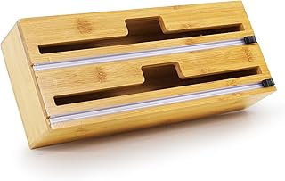 Movoor 2 in 1 Wrap Organizer/Dispenser with Cutter, Plastic Wrap, Aluminum Foil and Wax, Bamboo Dispenser for Kitchen Storage Organization Drawer for 12