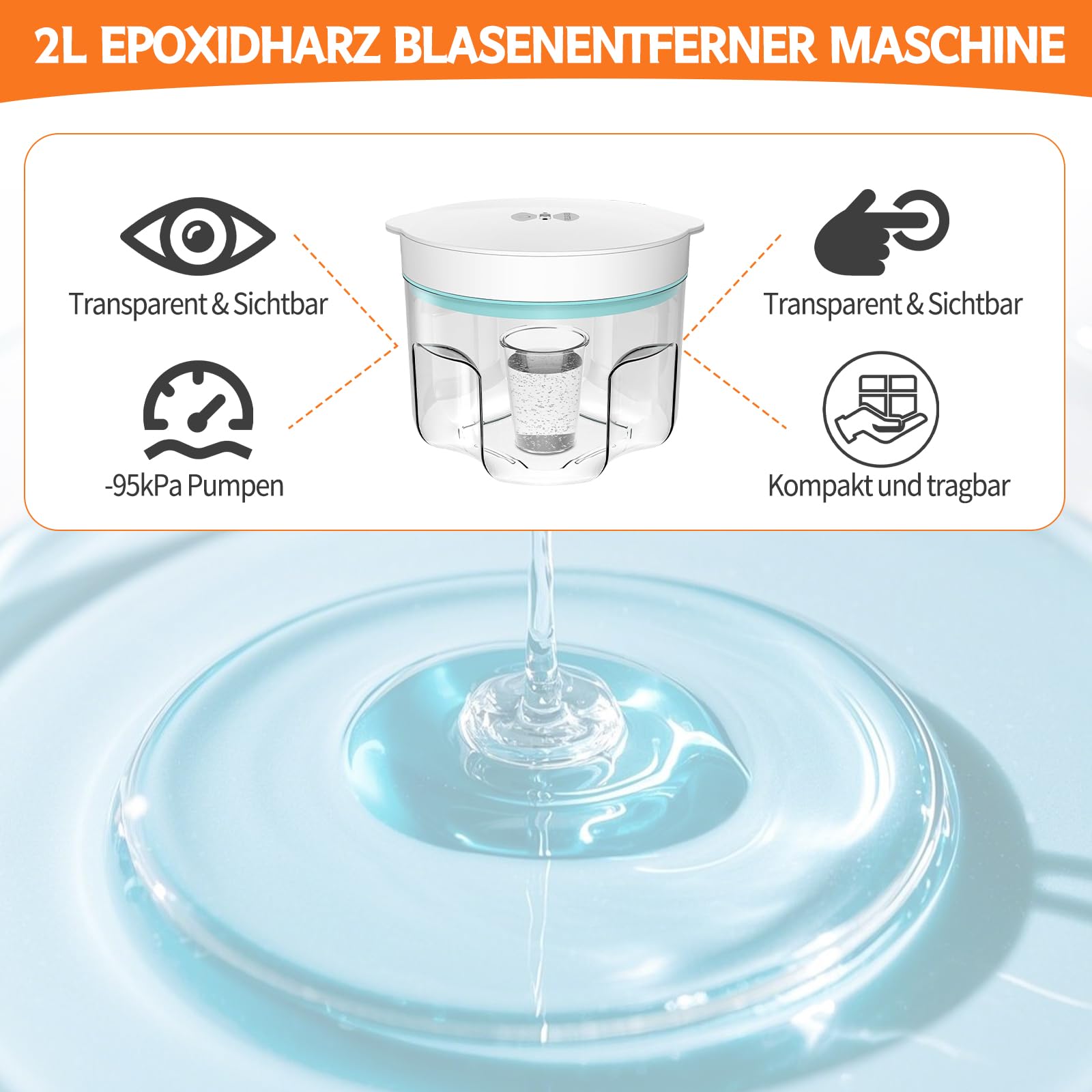 Środek do usuwania pęcherzyków powietrza z żywicy, 2 l, z 4 kubkami pomiarowymi 240 ml, usuwa 99% pęcherzyków w ciągu 5-10 minut, 95 kPa próżniowa żywica epoksydowa, bezpowietrzna maszyna do żywicy