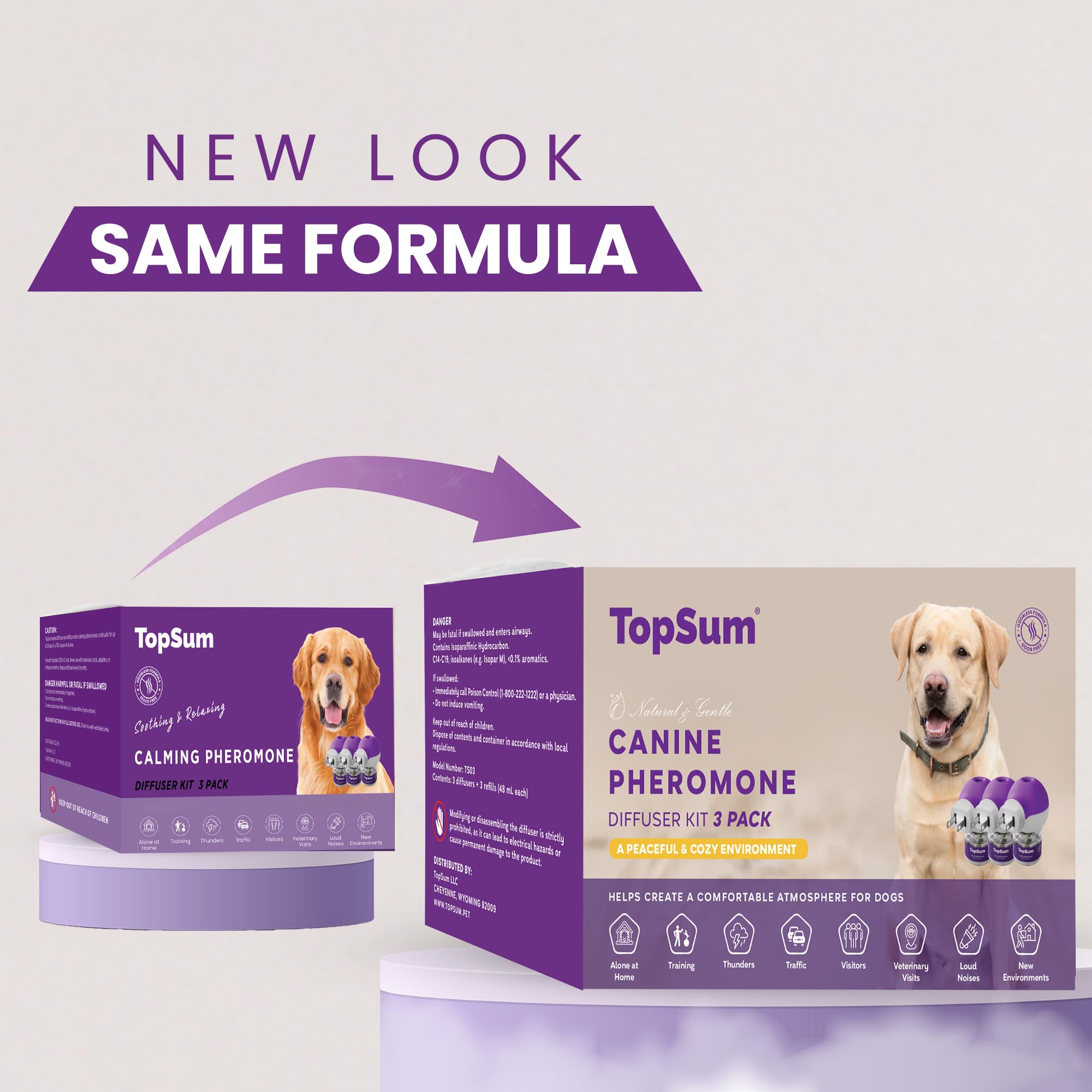 TopSum Diffusore calmante per cani, feromoni per cani, spina diffusore calmante per stress, abbaiare, masticare, fare pipì e comportamenti di separazione (viola, 3 diffusori + 3 ricariche)