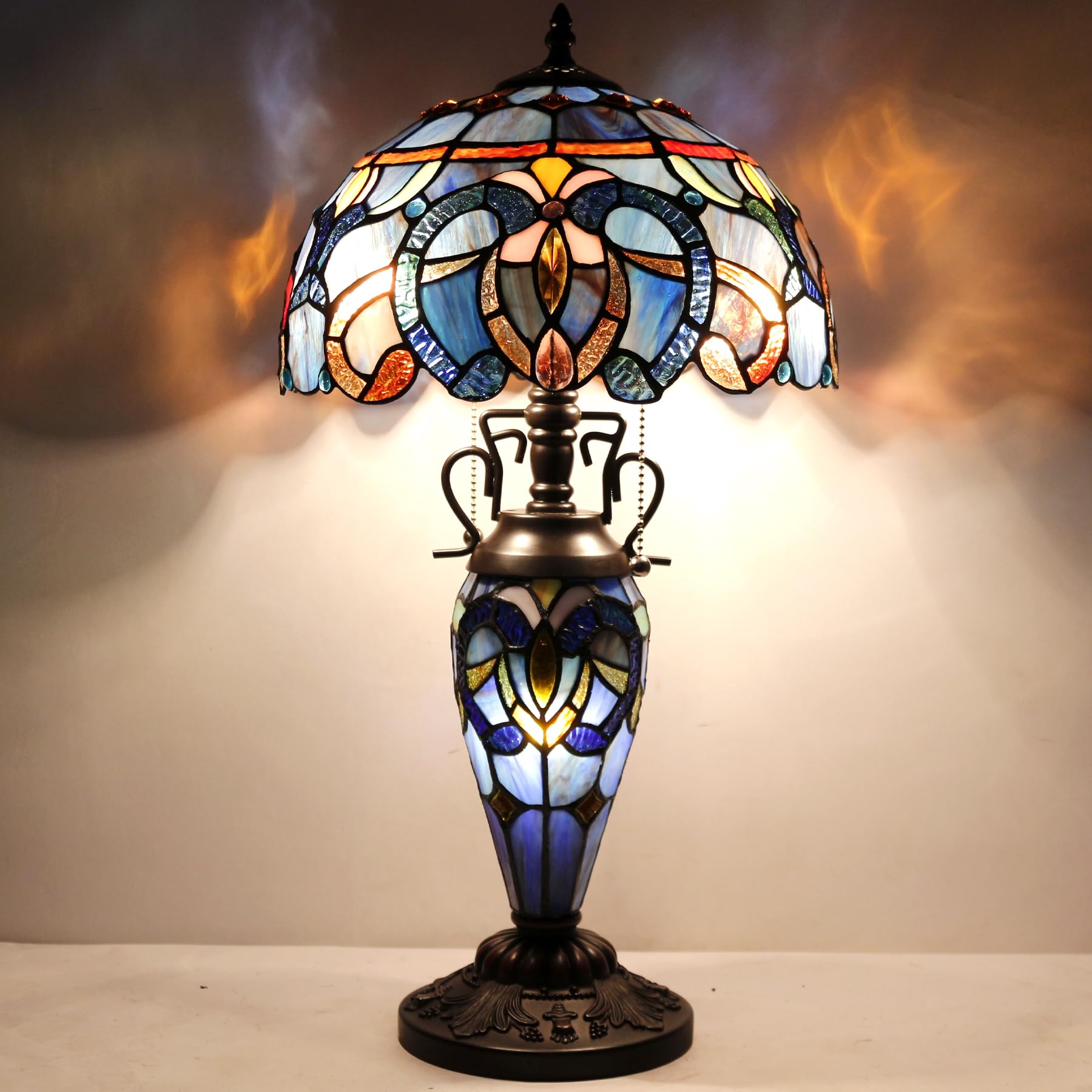 WERFACTORY Tiffany Style Lamp Blue Purple Cloud Stained Glass Table Lamp 12X12X22 Inches Mother-Daughter Vase Desk Reading Light — view 2