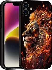 Printed with Lion for iPhone 16 case, Flaming Lion Silicone Soft Shockproof Case - Exuding Royal Authority (A1-Lions-Animal)