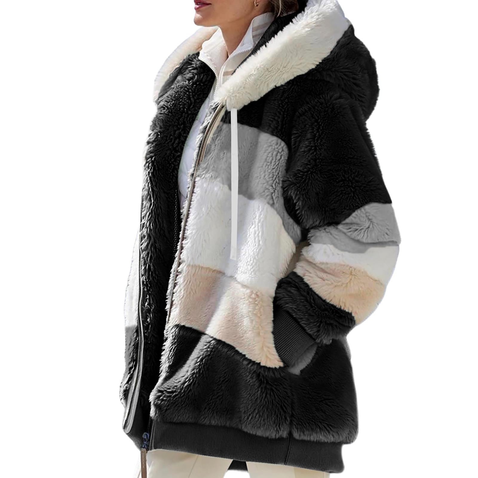 Teddyjacke Damen Mit Kapuze Winterjacke Flauschig Plüschjacke Warm | Teddy Fleecejacke Damen Kuscheljacke Frauen Winddicht Teddy - Mantel Zipper Plüschmantel Casual Flauschjacke Mit Taschen