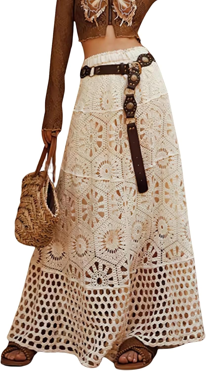 chouyatou Women's Boho Floral Embroidered Knit Skirt Lace Crochet Eyelet Elastic Waist Flared Maxi Skirt