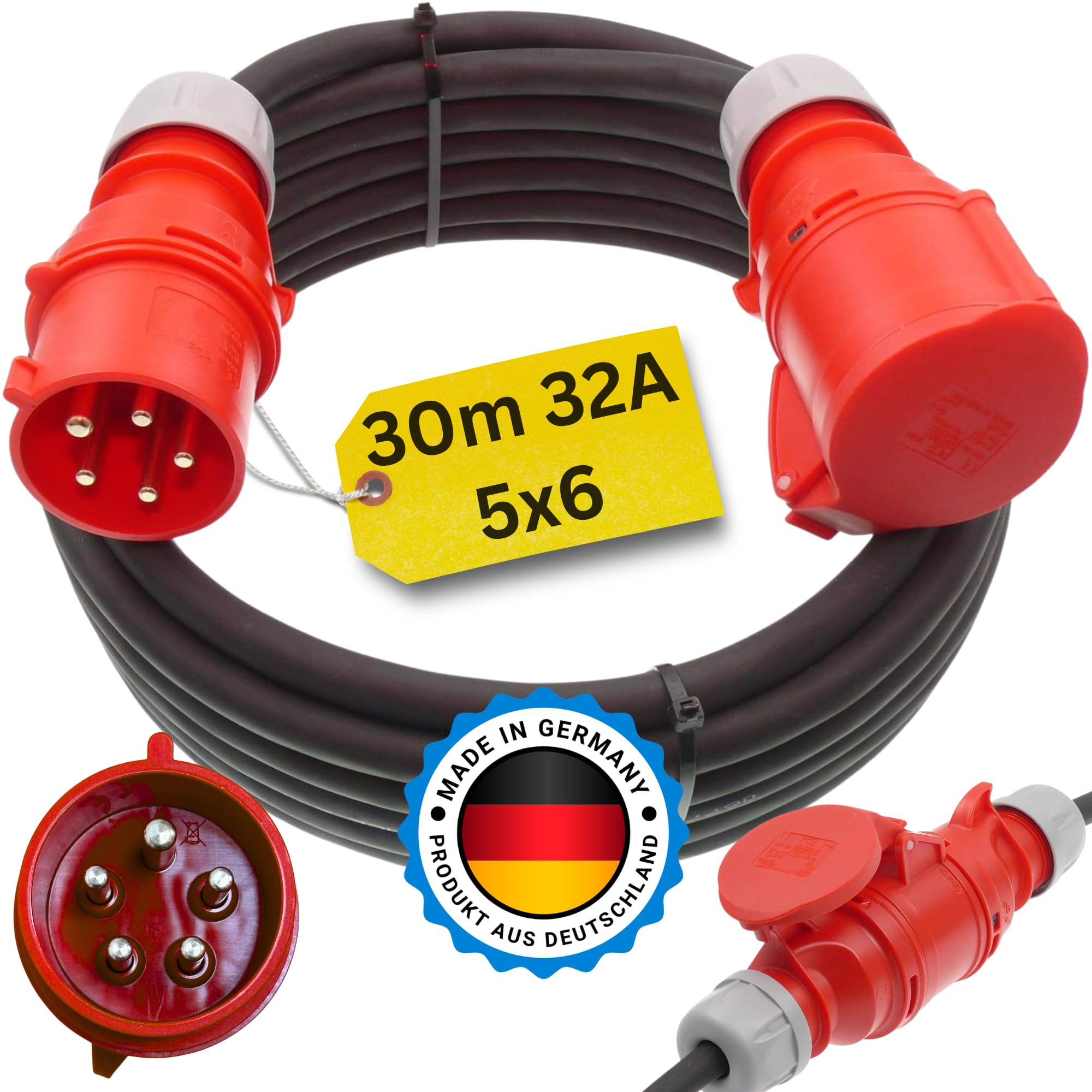 Starkstromkabel 32A 30m H07RN-F 5x6 Starkstrom Verlängerungskabel CEE Verlängerung 32 Ampere Kabel 5x6mm2 Baustelle Werkstatt Industrie Geeignet Outdoor IP44 Spritzwassergeschütz