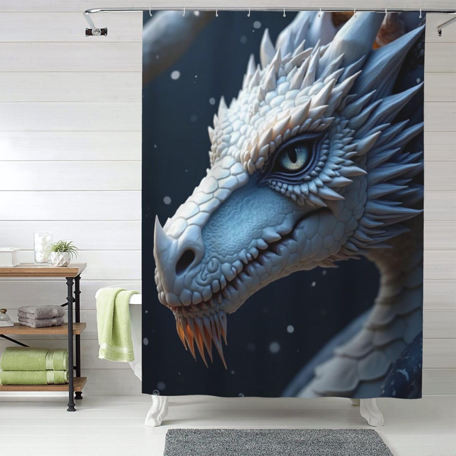Rideau de douche tissu 152x183 cm lavable dragon blanc résistant n°617