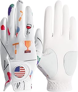 Amy Sport Womens Golf Glove with Ball Marker Rain Left Right Hand Leather Printed Pack, Ladies Golf Gloves All Weather Grip Breathable Soft Size Small Medium Large XL