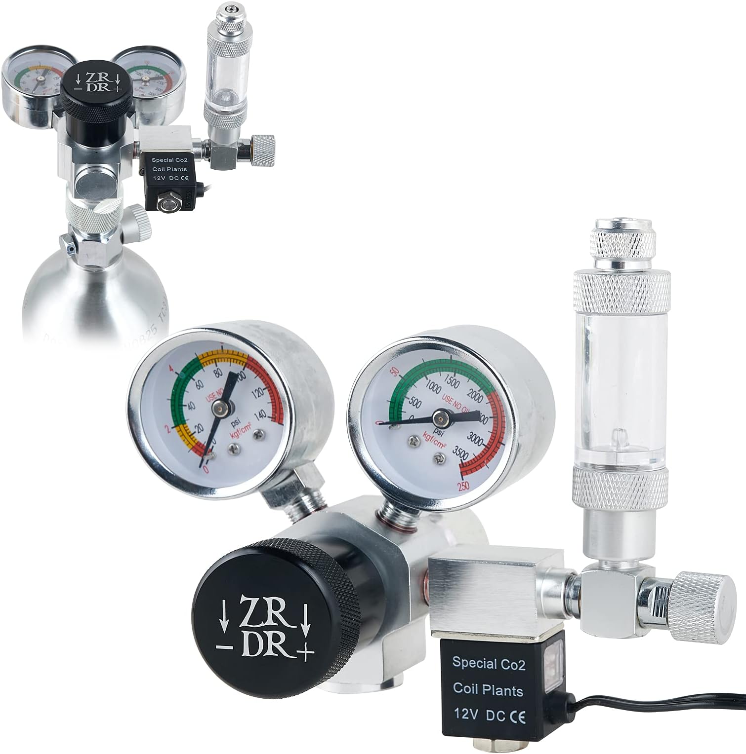 ZRDR CO2 Regulator Aquarium 12V DC CO2 Solenoid Pressure Adjustable with Big Dual Gauge Display, Bubble Counter, Check Valve, Aquarium Co2 Kit Fits Standard US Tanks Side and Up Open Cylinder
