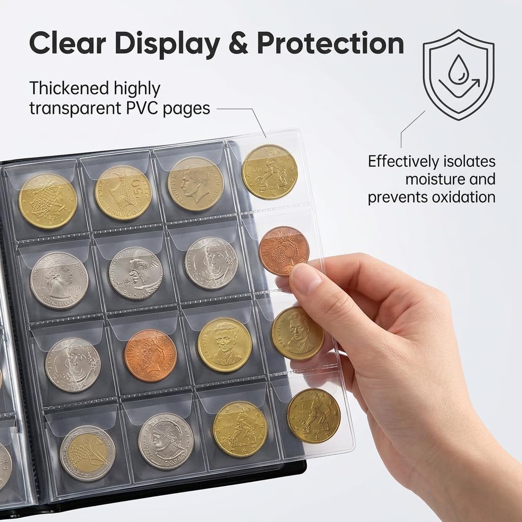 Coin Collection Album 120 Pockets 2 Euro Coin Storage Black 11.5 x 15.5 cm Grid 3 x 3 cm Coin Holder Numismatic Book for Collectors