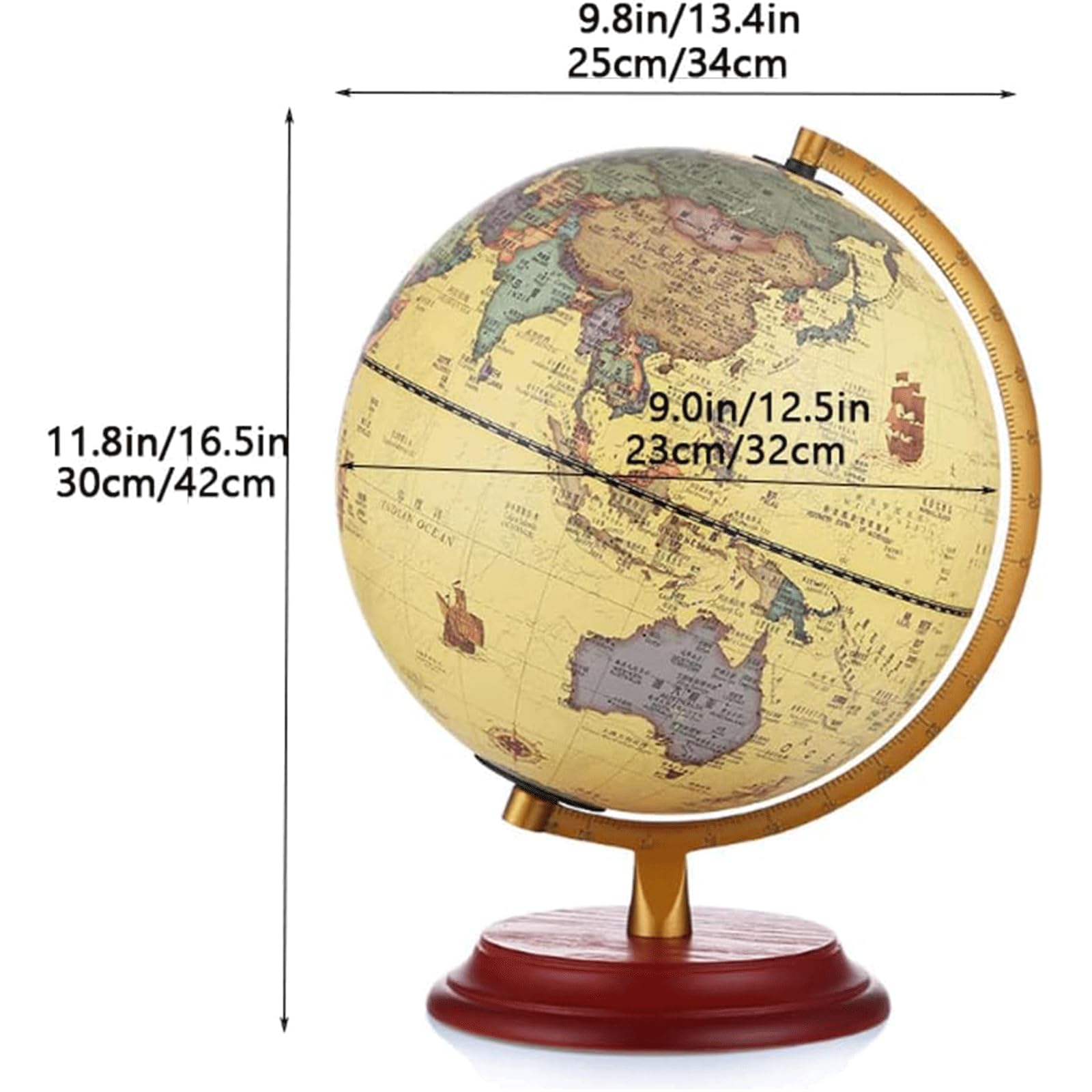 Dekorativer Vintage-Globus, um 360° drehbarer Weltglobus mit Holzsockel, Erdglobus für Kinder, Klassenzimmer, Lernen, geografischer Globus