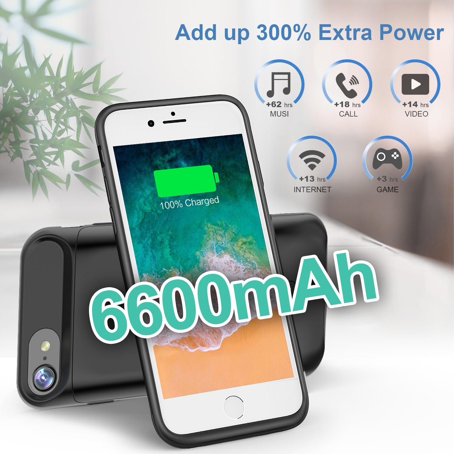 JCK Funda de batería iPhone 6 / 6s / 7/8 / SE 2020/ SE 2022, 4.7 Pulgadas, Estuche de Carga portátil Delgado Mejorado de 6600 mAh Estuche de batería extendido para Banco de energía Recargable