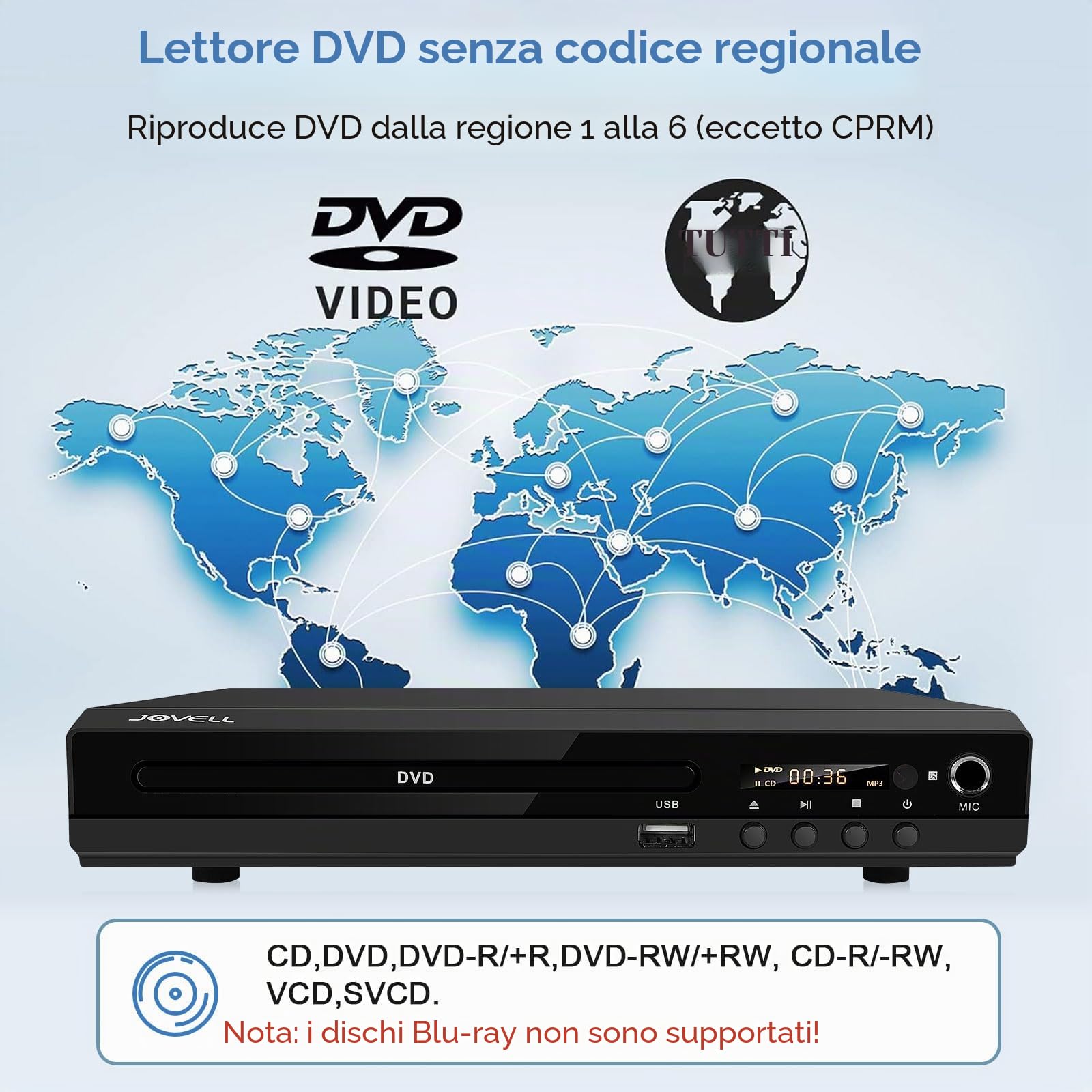 Lettore DVD 170 con porta scart 1080P HD senza regioni con uscita HDMI, uscita AV, sistema TV PAL NTSC, supporto ingresso MIC, ingresso USB (con scart)