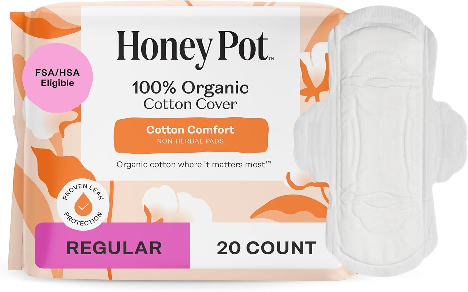 Honey Pot Non-Herbal Organic Cotton Sanitary Pads with Wings - Regular Flow Ultra Absorbent, Sensitive Skin Safe, 20 Ct