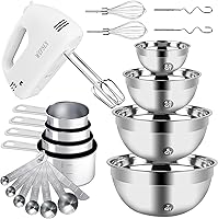 WEPSEN 200W 5-Speed Handheld Mixer with 4 Nesting Stainless Steel Bowls, Measuring Cups & Spoons - Beginner Baking Set
