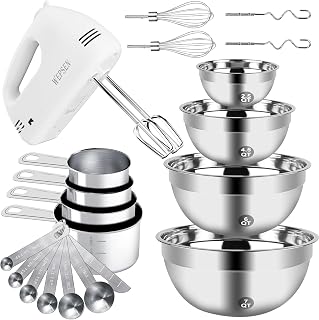WEPSEN 200W 5-Speed Handheld Mixer with 4 Nesting Stainless Steel Bowls, Measuring Cups & Spoons - Baking Essentials Set