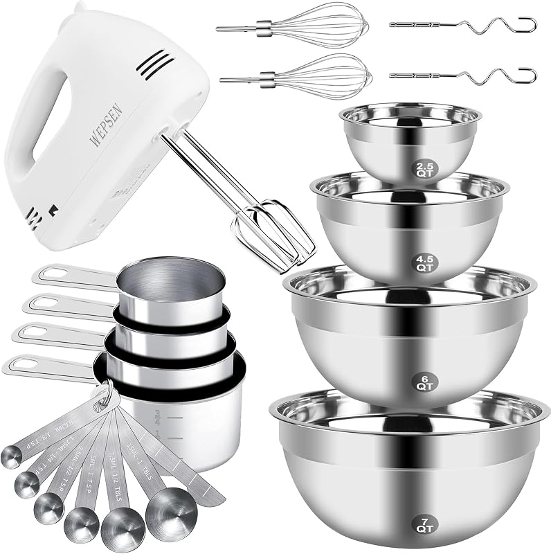 WEPSEN Batidora de mano Juego de tazones para mezclar eléctricos, batidora de mano de 5 velocidades con 4 tazones para mezclar de acero inoxidable anidados, tazas medidoras, cucharas, batidora de cocina de 200 W, batidor, suministros para hornear para principiantes