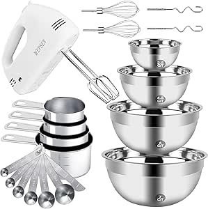 Hand Mixer Electric Mixing Bowls Set, 5 Speeds, 200W with Stainless Steel Bowls, Measuring Cups & Spoons for Baking