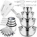 Hand Mixer Electric Mixing Bowls Set, 5 Speeds Handheld Mixer with 4 Nesting Stainless Steel Mixing Bowl, Measuring Cups Spoons 200W Kitchen Blender Whisk Beater Baking Supplies For Beginner
