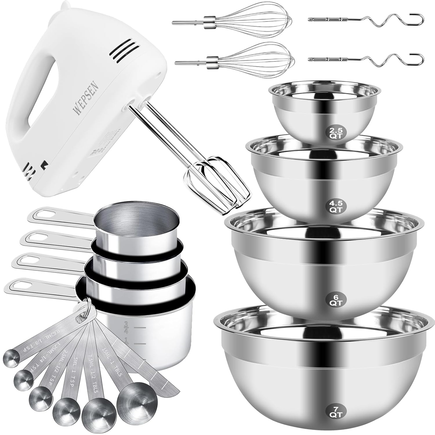 WEPSEN Hand Mixer Electric Mixing Bowls Set 5 Speeds Handheld Mixer with 4 Nesting Stainless Steel Mixing Bowl