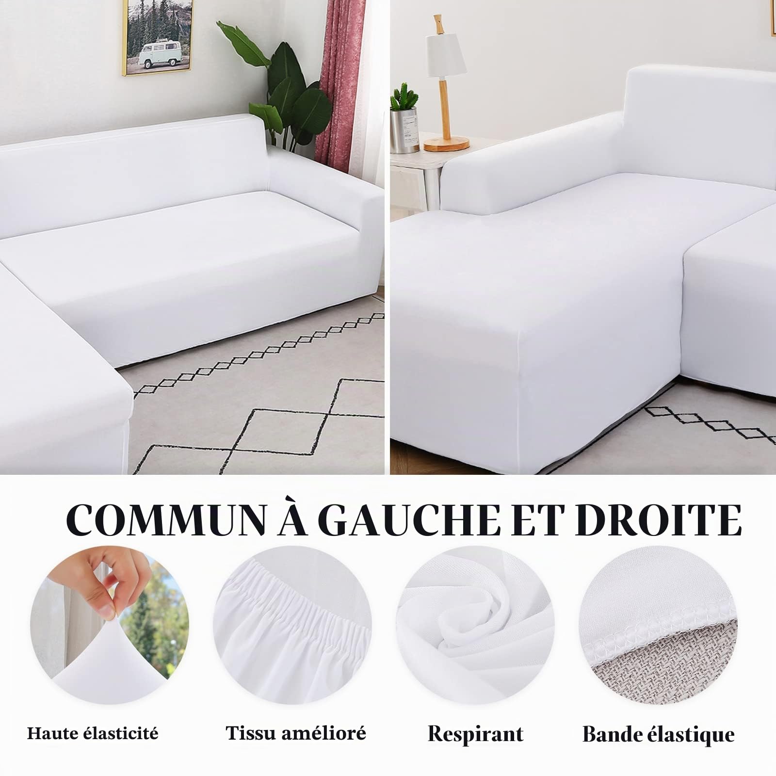 Jaotto Housse de Canapé d'angle Extensible 2 Pieces, Housse de Canapé Élastique en Forme de L, Revêtement de Canapé Universel Lavable, Couverture pour Canapé(2 Places+2 Places,Blanc)