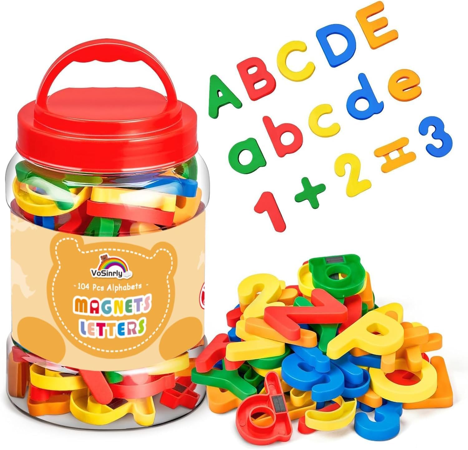 VoSinrly 104 Pieces Magnetic Letters Numbers Alphabet Fridge Magnets ABC 123 Preschool Educational Learning Plastic Colorful Toy Set Uppercase Lowercase Math Symbols for Toddlers Kids