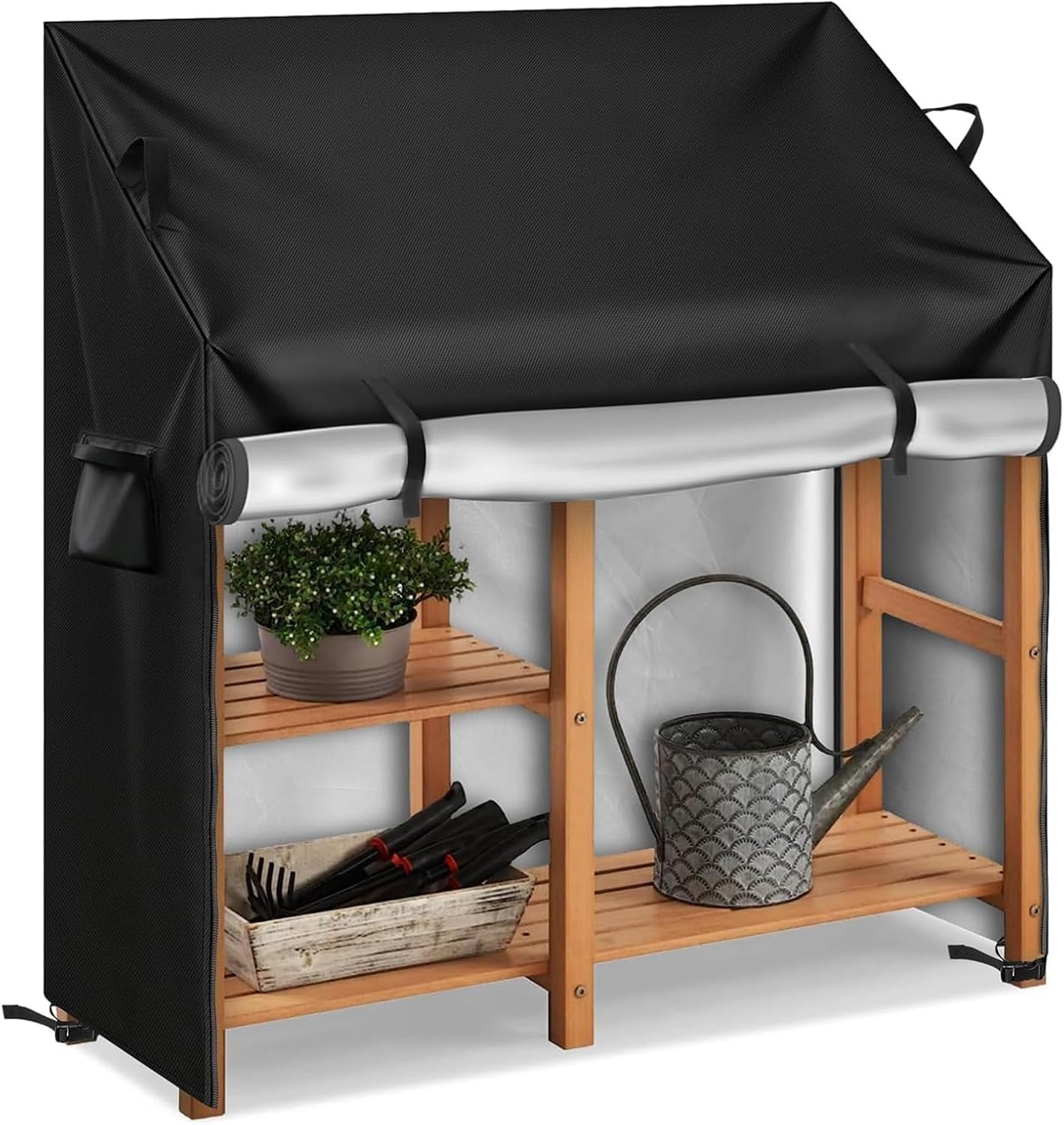 Canvas Potting Bench Cover, Waterproof Outdoor Table For Garden Furniture, All Weather Anti-UV Protection With Zipper, Adjustable Drawstring & Windproof Straps, Durable Protector(41"Lx19"Wx34/47"H)