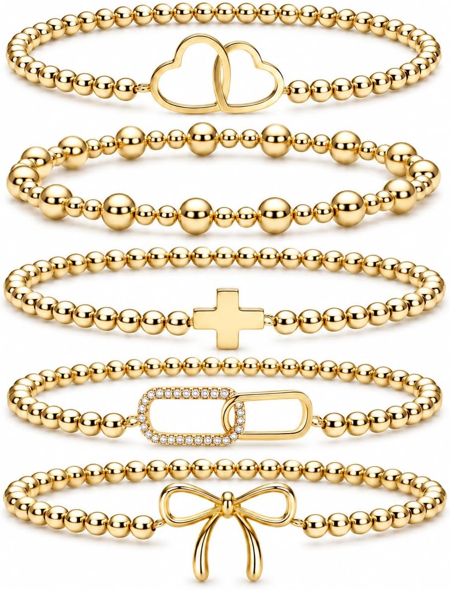 Yuoos Gold Beaded Bracelet Set for Women Stackable Stretch Bracelets Heart Cross Bow Link Charms 14K Gold Plated Trendy Fashion Jewelry Gifts