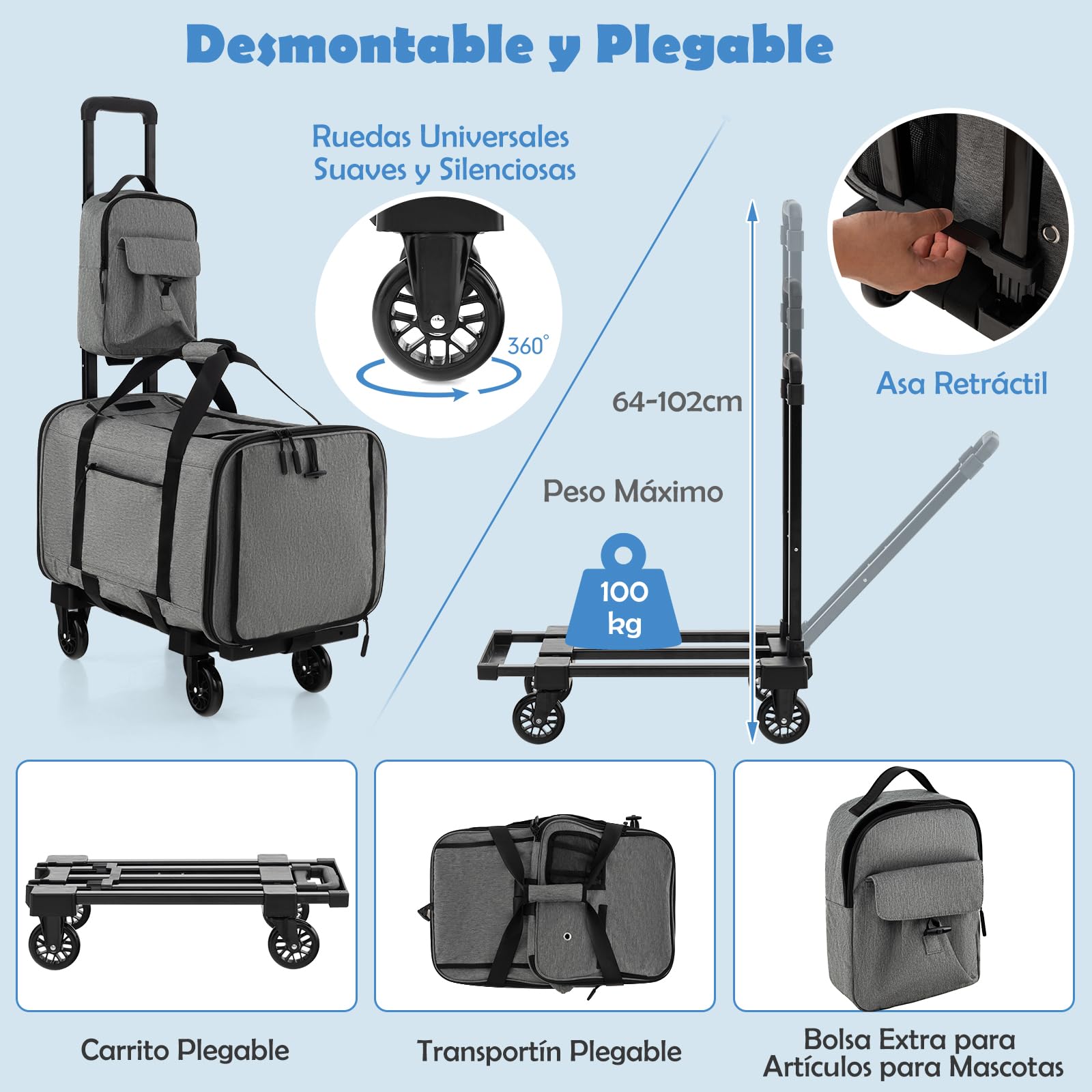 COSTWAY Transportín Plegable con Ruedas para Mascotas, Bolsa Trasportín de Viaje para Perros Gatos, Transportador con Almohadillas y Manija Telescópica para Mascotas Pequeñas Medianas